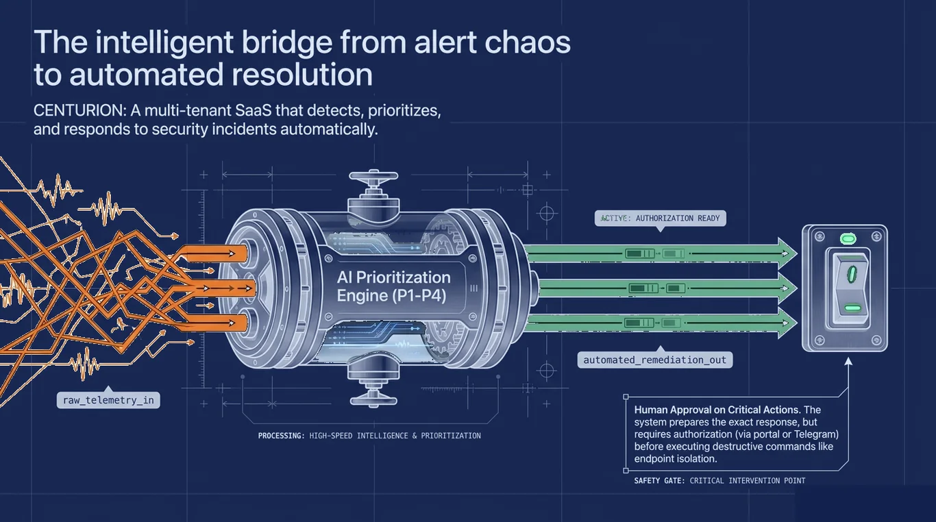 Diagrama da ponte inteligente: do caos de alertas à resolução automatizada com motor de priorização por IA